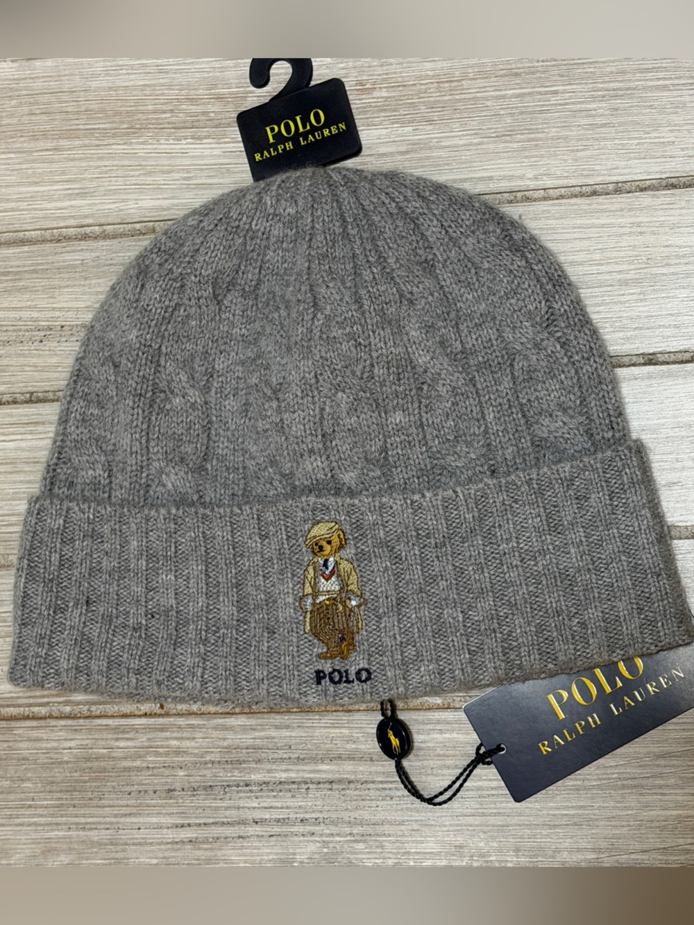 Polo Ralph Lauren Polo Bear Beanie Gray Cable Knit Hat NWT O/S Winter Preppy - Picture 2 of 7